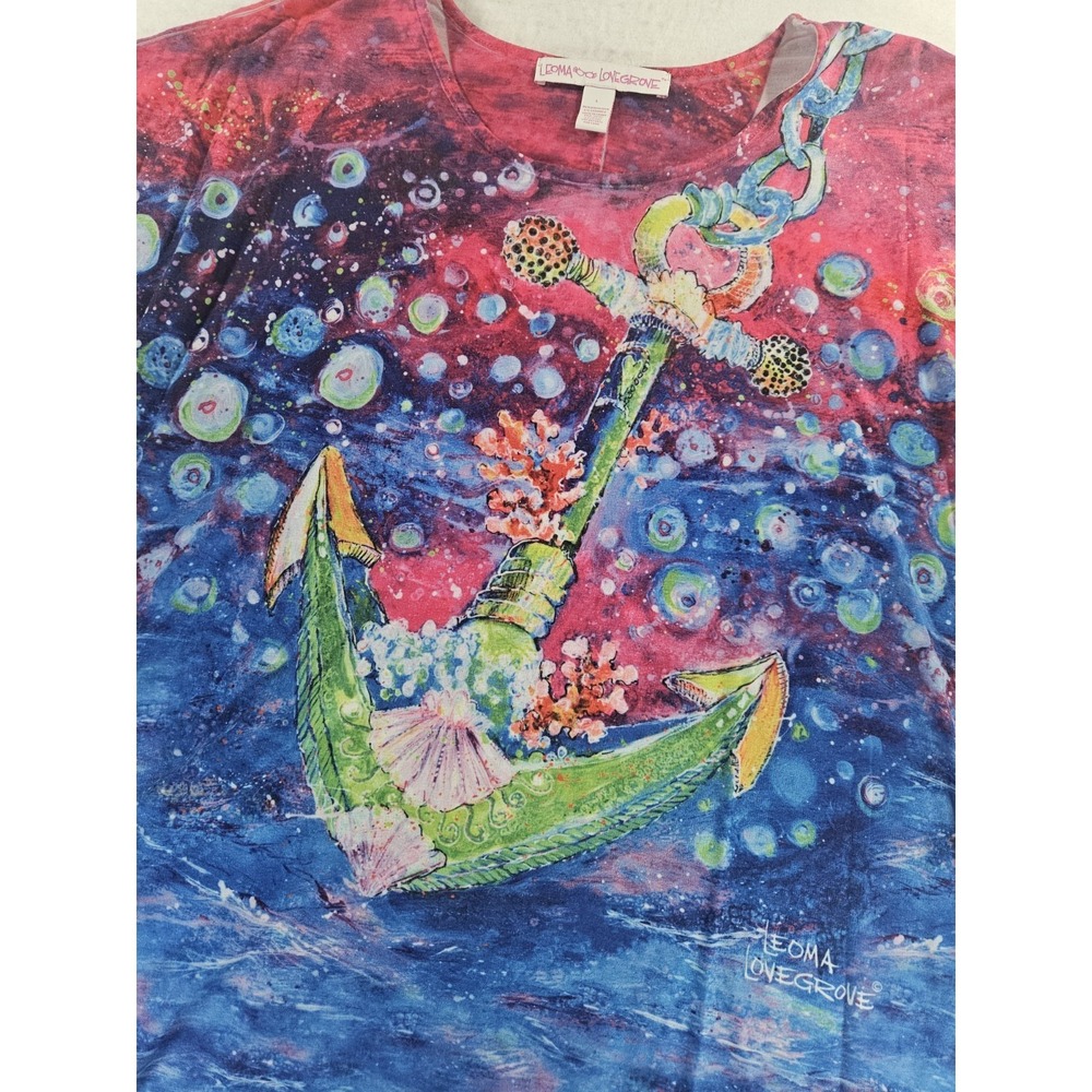Leoma Lovegrove Anchor Nautical Bling Wearable Art Watercolor Beach Shirt Size L